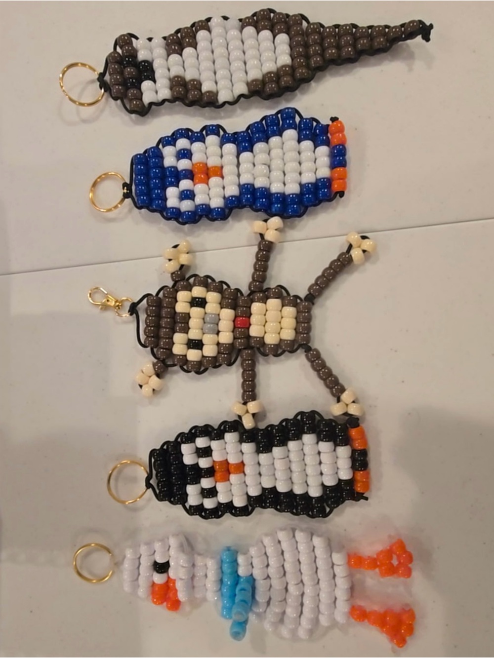 Handmade Beaded Penguin and Bird Keychains - White, Blue, Brown, Black, Orange